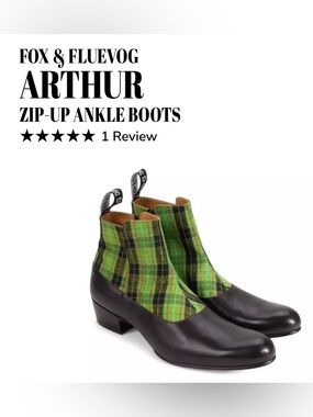 Fluevog NEW WO BOX Fox & Fluevog Arthur green plaid/black leather bootie- 9/9.5